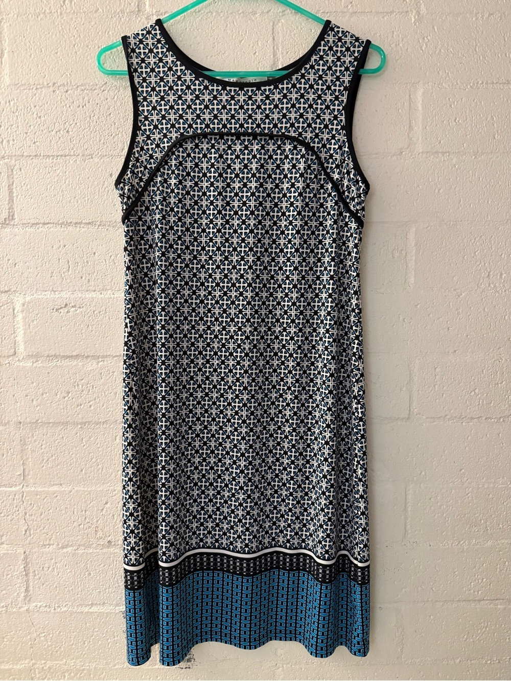Max Studio Black & White Geometric Dress with Blue Hem